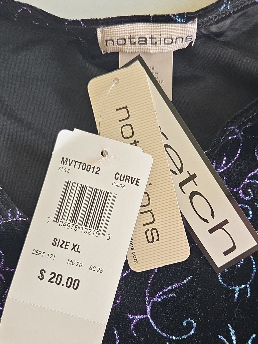 Notations Black Velvet Sleeveless Top with Glitter Purple Blue Swirl XL - Picture 5 of 8